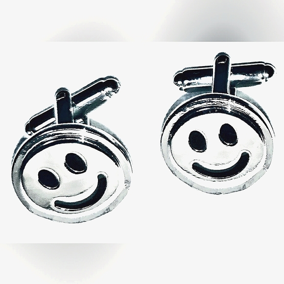 NEW Cufflinks: "Smile Emoji". Happiness. Smiling Face. Silver-Tone, Bullet Back. - Picture 4 of 5